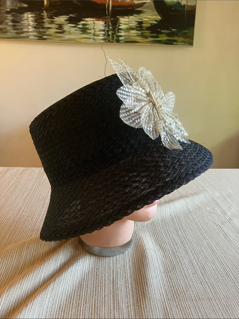 Black Bucket Hat with Gold Floral Sequin Accent